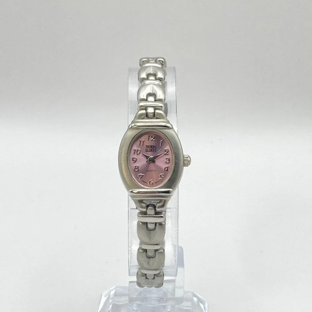 Vintage Faded Glory Women's Watch Matte Silver Tone Pink Oval New Battery 6.5